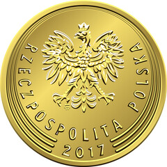 vector obverse Polish Money 1 zloty, 1, 2 and 5 groszy coin with eagle in golden crown, new design - obrazy, fototapety, plakaty
