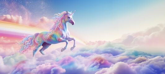 Obraz premium Dreamlike reinbow unicorn with a vibrant mane, embodying fantasy in a cloud paradise, Banner with copy space 