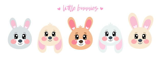 Set of cute kawaii cartoon smiling joyful little bunny, brown rabbit face, head for kids, children	