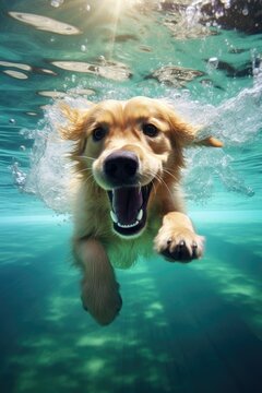 Funny underwater photo of a Labrador retriever dog underwater. Summer holidays, fun on the water.