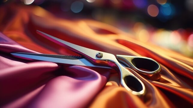 Closeup of a dressmakers scissors ting through fabric.