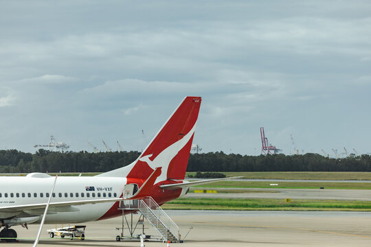 Brisbane QLD Australia : 2 August 2023 - Qantas plane parked at Brisbane airport