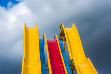 Beautiful view of water park with colorful slides and swimming pool on sunny day. Neural network AI generated art