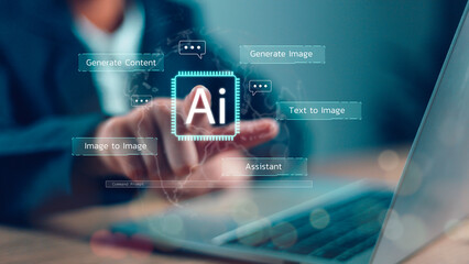 Man using hand AI, Artificial Intelligence to generate content. Text to image, smart AI, by...