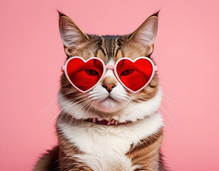 A CAT WEARING HEART SHAPED GLASSES