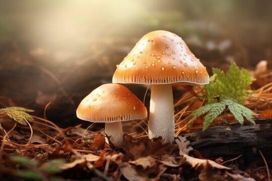 Couple of mushrooms on a forest floor, in the style of light beige and brown Ai Generative