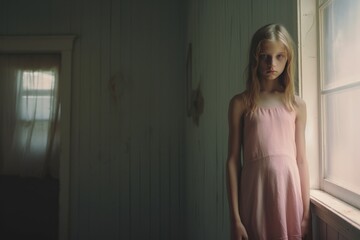 Girl in a pink dress standing in a cold room, in the style of nathan wirth, realistic depiction of light Ai Generative