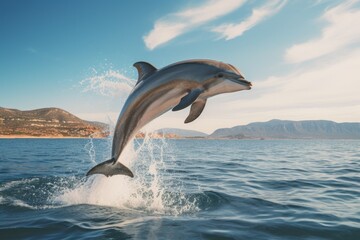 A graceful bottlenose dolphin leaping out of the crystal-clear ocean Ai generative