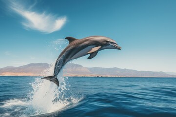 A graceful bottlenose dolphin leaping out of the crystal-clear ocean Ai generative