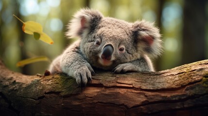 Fototapeta premium Curled up koala on a branch, emphasizing the individuality of its fingerprints -Generative Ai 