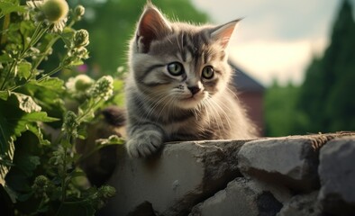 Naklejka na ściany i meble Gray kitten is sitting on top of a wall, in the style of lush scenery, wimmelbilder Ai Generative