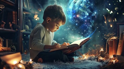 a cute young boy kids opens and reads a fairy tale story fantasy book and immerses with his childhood imagination in creative magic world sitting in his room