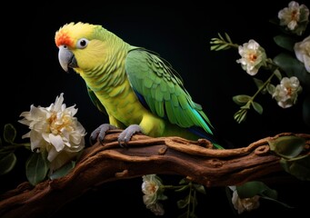 Green parrot sitting on a branch with the background a black background Ai Generative