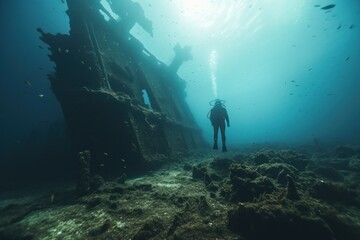A lone diver exploring a sunken shipwreck shrouded in mystery Ai Generative - obrazy, fototapety, plakaty