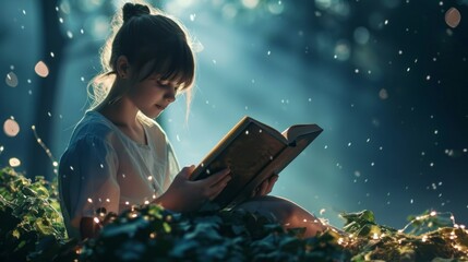 a cute young girl kid opens and reads a fairy tale story fantasy book and immerses with his...