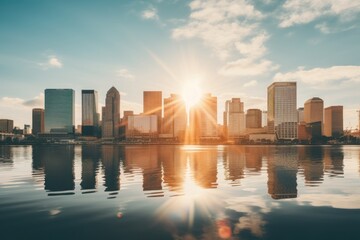 City skyline with the sun reflecting on the buildings and the water Ai Generative