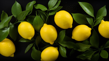 Bright yellow lemons on black background. Top view. 