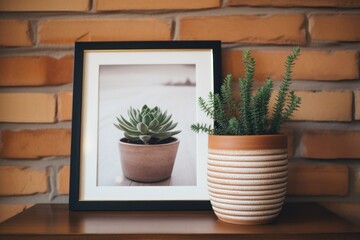 Succulent plant in a ceramic pot on a wooden shelf with a wall art Ai Generative
