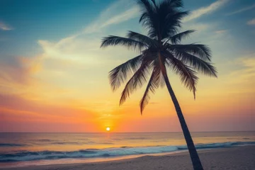 Fototapeten Sunset and a palm tree on a beach with a vintage filter Ai generative © 3DLeonardo