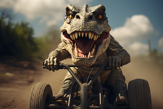 funny 3D dinosaur character riding tricycle