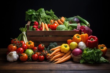 Vibrant still life of freshly harvested vegetables and fruits, their colors and textures bursting with life and freshness Ai generative