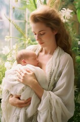 Fototapeta premium Mom holding her newborn Ai generative