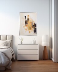 Interior with white dresser is in the corner with a framed picture Ai generative