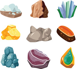 Collection of various mineral rocks and stones. Colorful gemstones, crystals, precious stones isolated on white background. Geology and mineralogy concept vector illustration.