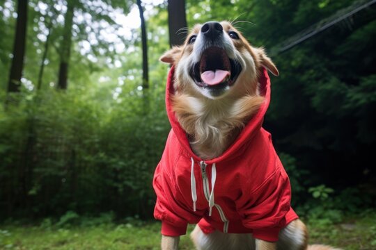 Dog in a red hoodie sitting on a nature Ai Generative