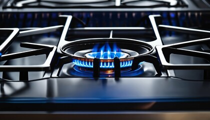 Kitchen gas stove burner with blue flame, horizontal banner, economic crisis concept reflecting rising gas costs