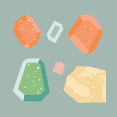 Collection of colorful gemstones in flat design. Various shapes and sizes, pastel tones, cartoon style minerals. Simplified jewels illustration for icons or educational material vector illustration.