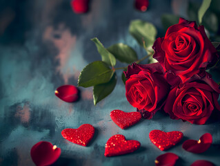 Red roses with hearts. A Valentine's Day copyspace concept. 