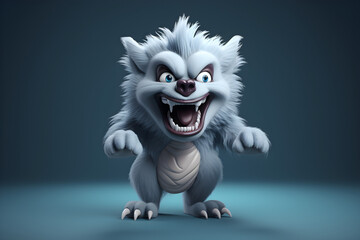 funny 3D werewolf character isolated on blue background - obrazy, fototapety, plakaty
