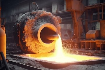 Machine casting iron pipe in foundry for metallurgical industry. Generative AI - obrazy, fototapety, plakaty