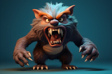 funny 3D werewolf character isolated on blue background - obrazy, fototapety, plakaty