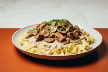 Beef Stroganoff on light background Ai Generative