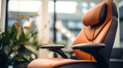 Macro closeup of a comfortable ergonomic office chair with lumbar support and armrests, promoting good posture during remote work.