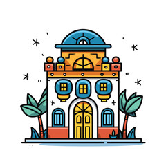 Colorful cartoon style building with trees. Vibrant detailed architecture, urban scenery vector illustration. Charming cityscape and residential design vector illustration.