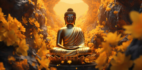 Divine Serenity: A Meditating Golden Buddha, Bathed in the Holy Light of Faith and Peace, against an Enchanting Oriental Skyline