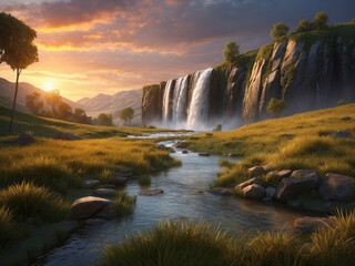 Beautiful waterfall scene on mountains background