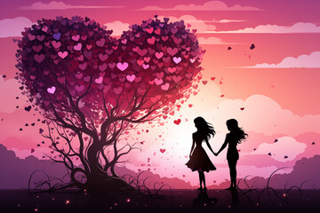 silhouette of two people holding hands beneath a tree with leaves shaped like hearts against a romantic pink and purple sunset sky. lgbt, valentine day background
