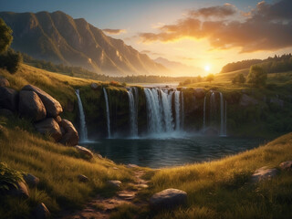 Beautiful waterfall scene on mountains background