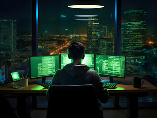 Programmer coding on a computer in the dark with a view of the lights of the night city. The concept of a developer or hacker