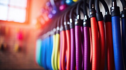 Closeup of a jump rope coiled up and hung on a wallmounted storage unit in a home gym - obrazy, fototapety, plakaty