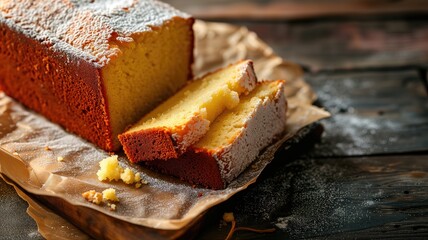 Close-up of a lemon pound cake with powdered sugar - obrazy, fototapety, plakaty