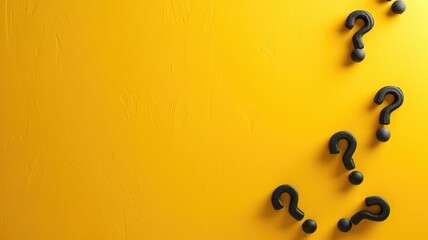 Black question marks scattered on a vibrant yellow background - obrazy, fototapety, plakaty