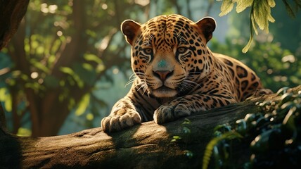 Enchanting scene of a jaguar lounging on a massive tree branch, its sleek form blending seamlessly with the bark  -Generative Ai

