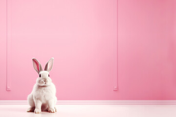 rabbit sitting on pink background with copy space for text