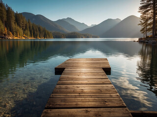 A wooden pier sits on a serene lake surrounded by trees and mountains