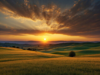 Naklejka na ściany i meble Countryside sunset view from a hillside